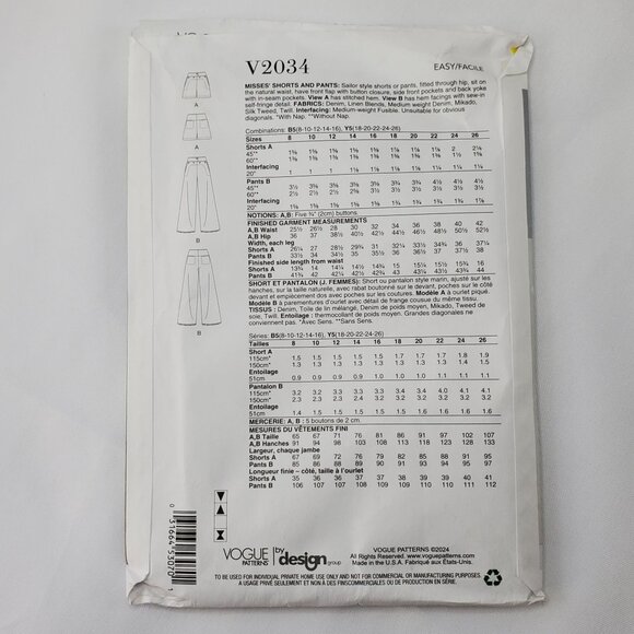 Vogue Patterns V2034 Misses Shorts & Pants Sewing Pattern Size B5 8-10-12-14-16 - Picture 5 of 6